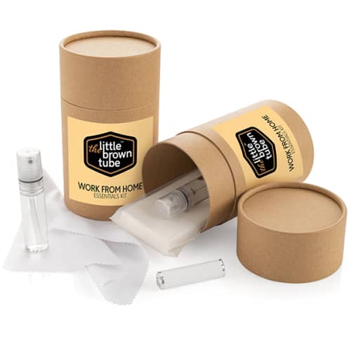 Custom Printed Little Brown Tube Work From Home Kit in brown with label by Total Merchandise