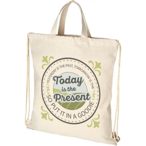 Promotional Pheebs Recycled Drawstring Backpack in Natural with printed logo by Total Merchandise