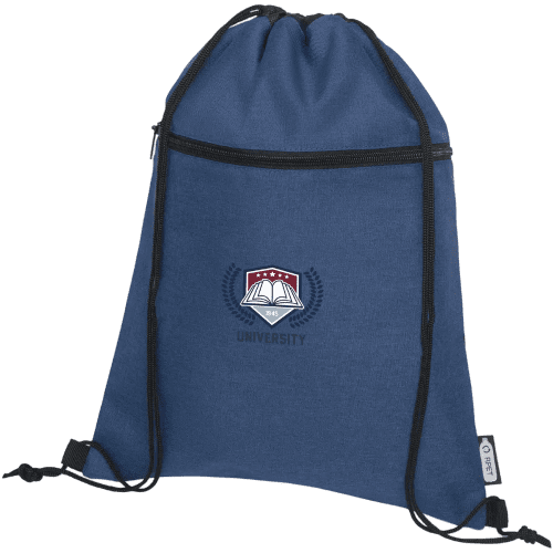 Branded Ross Recycled Drawstring Backpack in heather navy with printed design by Total Merchandise