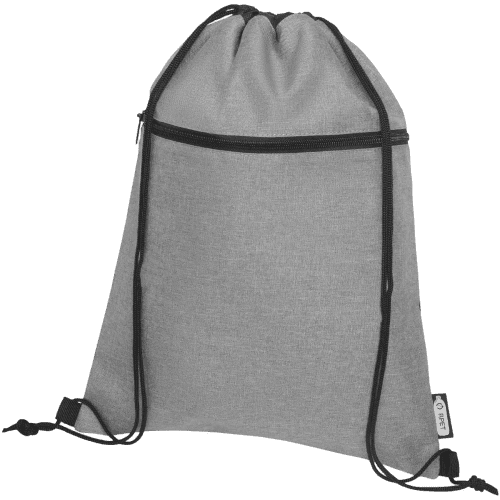 Custom printable Ross Recycled Drawstring Backpack with front pocket with zip by Total Merchandise