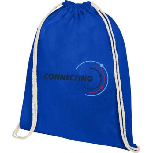 Custom branded Oregon Cotton Drawstring Backpack in Royal Blue with logo by Total Merchandise