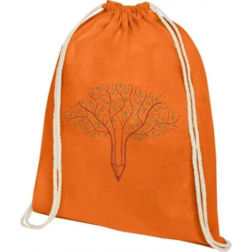 Promotional Oregon Cotton Drawstring Backpack in Orange with printed logo by Total Merchandise