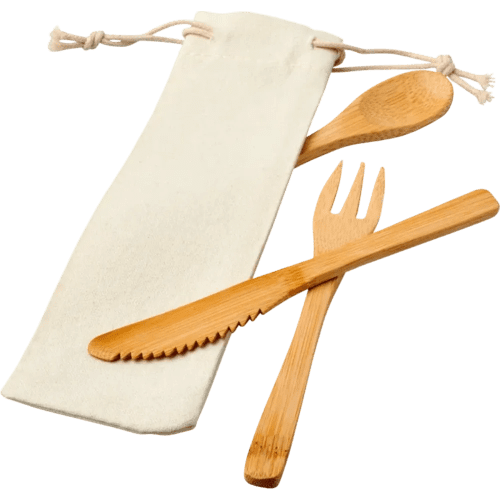 Custom engraved Eco-friendly Bamboo Cutlery Set with cotton pouch by Total Merchandise