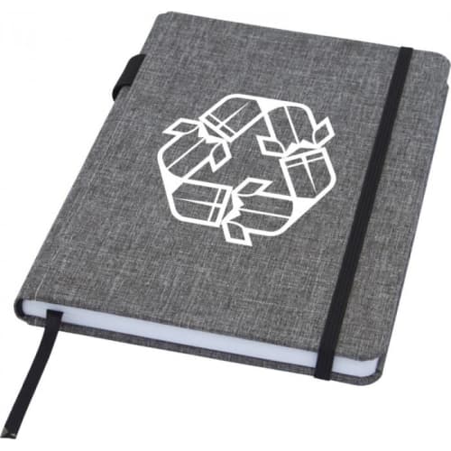 Branded A5 RPET Notebooks in a heather grey colour with printed logo by Total Merchandise