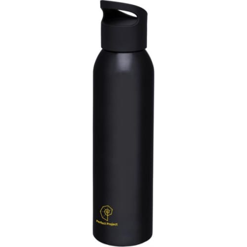 Branded 650ml Sky Aluminium Sports Bottles in Black colour with logo on side by Total Merchandise