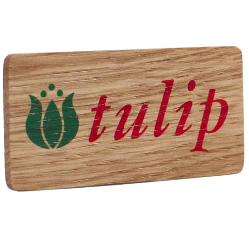 Full colour printed rectangle shaped wooden magnets with a logo by Total Merchandise