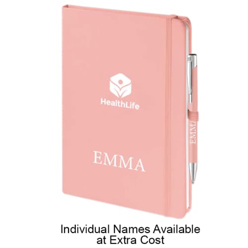 Mood Duo Soft Feel Notebook & Pen in Pastel Pink Printed with Individual Names by Total Merchandise