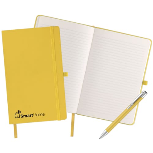 Open View of Promotional Mood Duo Soft Feel Notebook & Pen Sets in Yellow from Total Merchandise