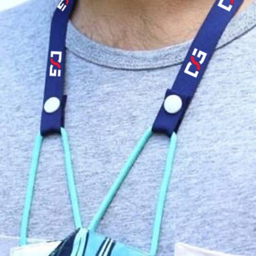 Branded Face Mask Straps with printed logo worn with reusable face mask by Total Merchandise