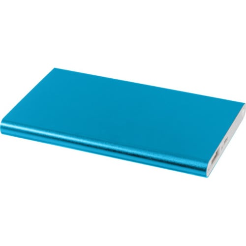Company branded Metal Power Banks available in light blue from Total Merchandise