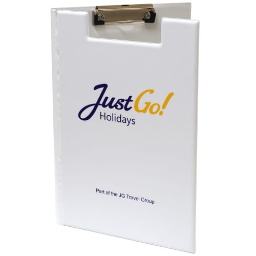 Promotional A4 Clipboard Folders in white with printed logo on the front by Total Merchandise