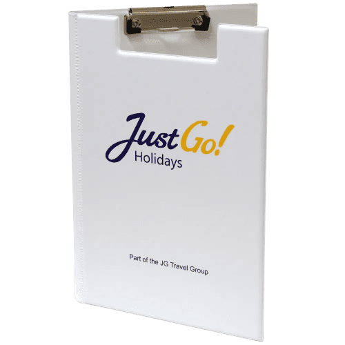 Promotional A4 Clipboard Folders in white with printed logo on the front by Total Merchandise