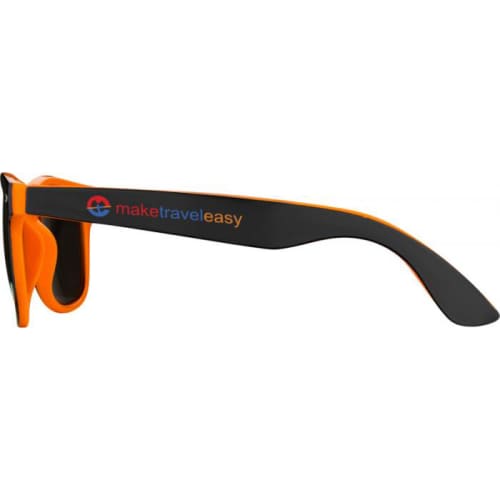 Side view of Baja Sunglasses in Orange/Black with printed company logo by Total Merchandise