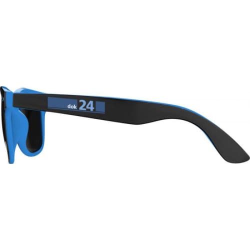 Side view of Baja Sunglasses in Blue/Black colour with printed logo on arm by Total Merchandise