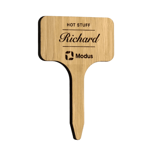 Engraved Bamboo Plant Markers in Caramel colour with logo and name by Total Merchandise