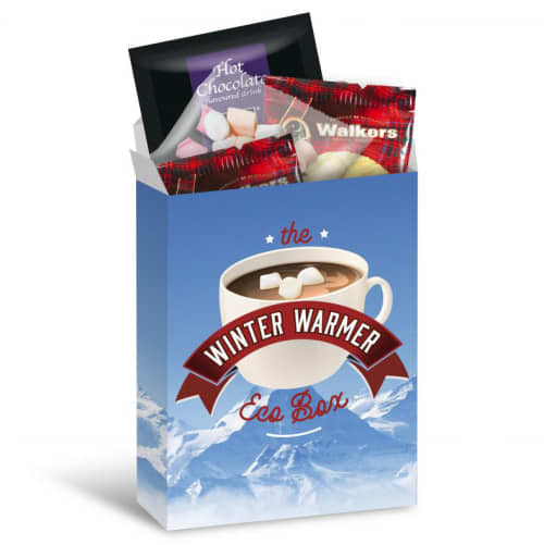 Branded Eco Hot Chocolate Survival Box printed with full colour design by Total Merchandise