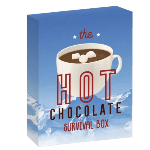 Custom printed Eco Hot Chocolate Survival Box with unique full colour design by Total Merchandise