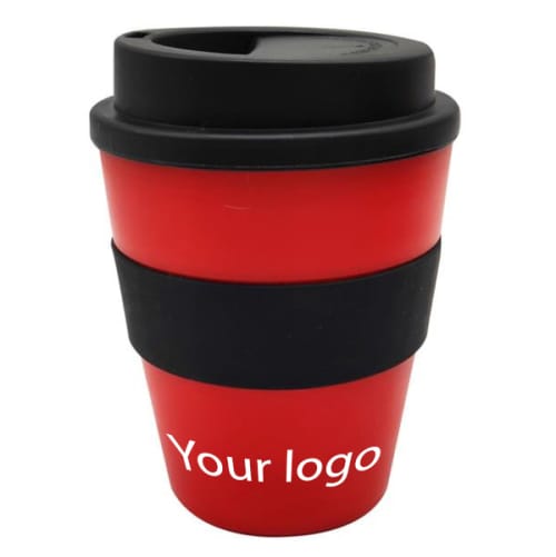 Promotional Milano Mini Reusable Coffee Cups in red/black with logo by Total Merchandise