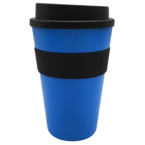 Custom printed Milano Reusable Coffee Cups in blue/black with sleeve by Total Merchandise