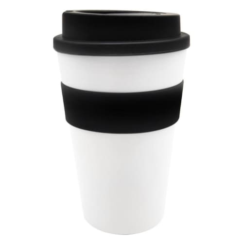 Promotional Milano Reusable Coffee Cups in white/black with sleeve and lid by Total Merchandise