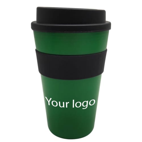 Branded Milano Reusable Coffee Cups in green/black with logo by Total Merchandise