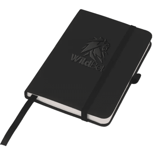 Branded Mood Pocket Notebooks in black with debossed logo design by Total Merchandise