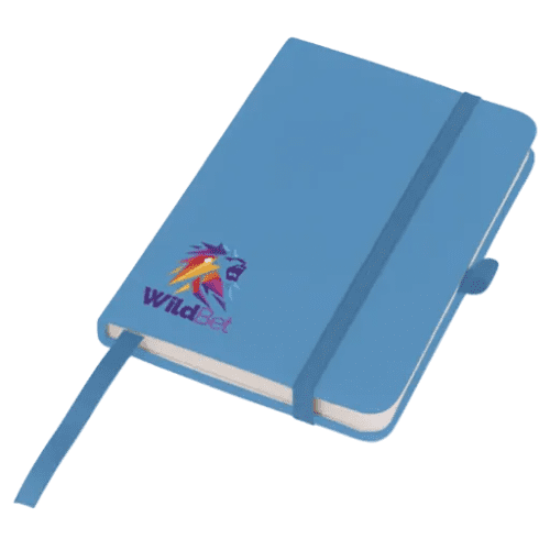 Custom branded Mood Pocket Notebooks in cyan with soft touch cover by Total Merchandise