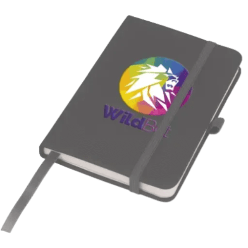 Branded Mood Pocket Notebooks in dark grey printed with full colour design by Total Merchandise