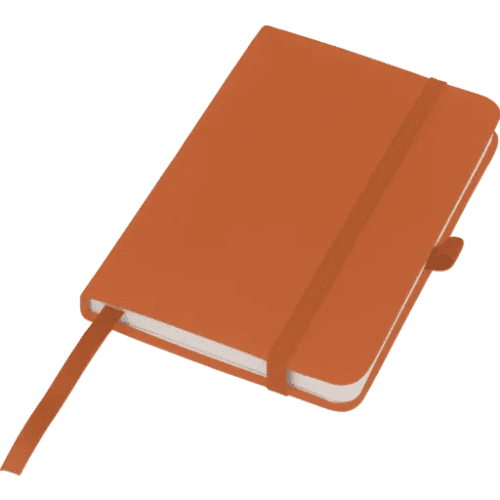 Custom debossed Mood Pocket Notebooks in orange in A6 size with bookmark by Total Merchandise