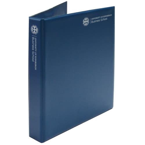 Promotional PVC A4 Ring Binders in dark blue printed with full colour design by Total Merchandise
