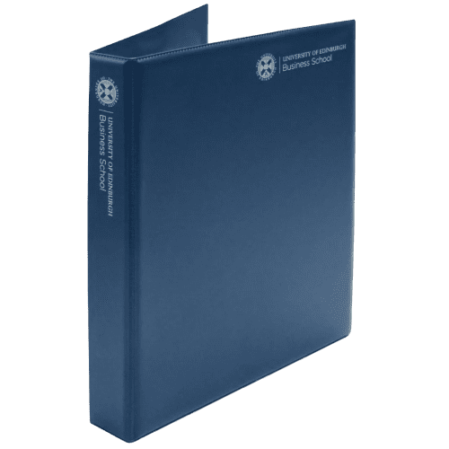 Promotional PVC A4 Ring Binders in dark blue printed with full colour design by Total Merchandise