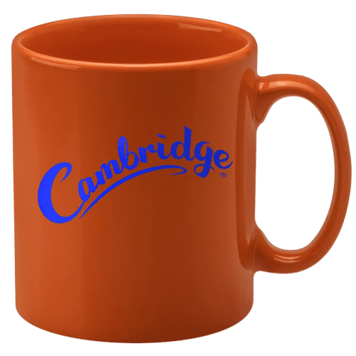 Orange Promotional Cambridge Mugs with spot colour printed logo design by Total Merchandise