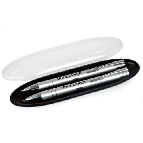 Promotional Beck Pen and Pencil Sets in silver with printed logo design by Total Merchandise