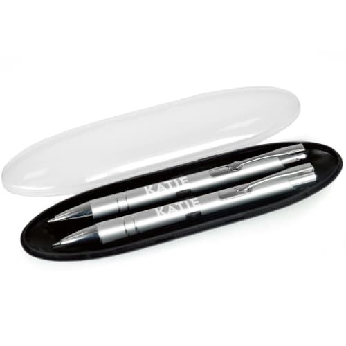 Branded Beck Pen and Pencil Sets in silver with individually engraved names by Total Merchandise