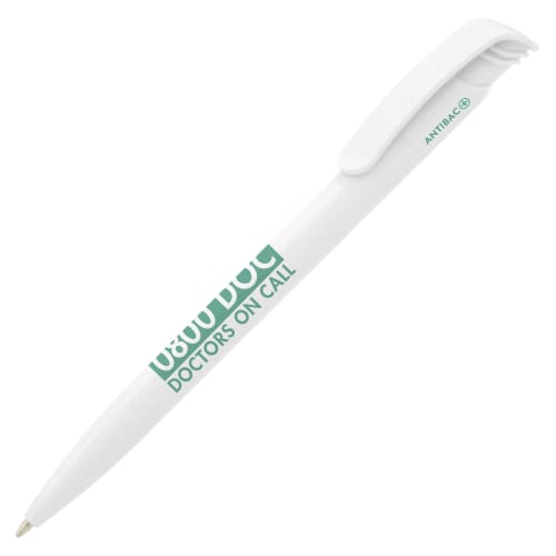 Promotional Koda Antibacterial Ballpens in white printed with a logo by Total Merchandise