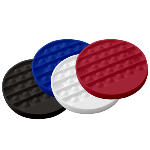 Promotional Pop Fidget Toys in black, blue, white and red from Total Merchandise