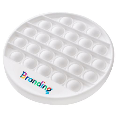 Custom printed Pop Fidget Toys in a white colour with full colour logo printed by Total Merchandise