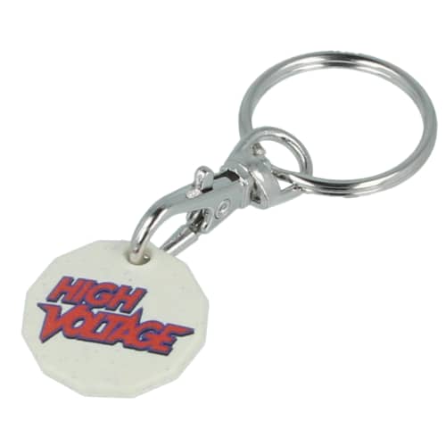 Recycled Biodegradable Plastic Trolley Coin Keyring being put in a trolley lock by Total Merchandise