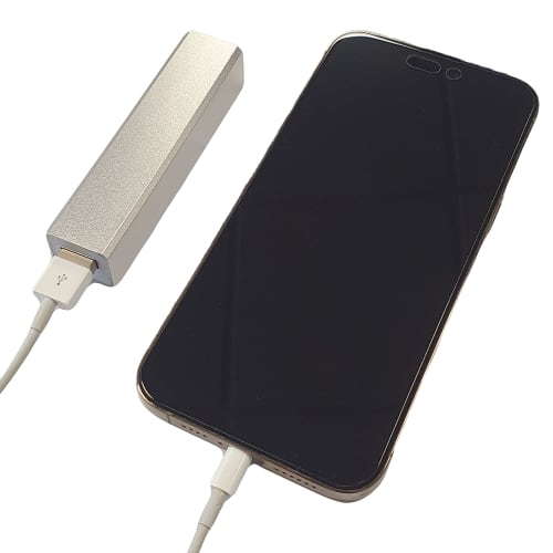 Silver Branded 2200mAh Cuboid Power Banks Charging a Mobile Phone at Total Merchandise