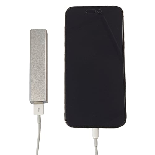 Silver Promotional 2200mAh Cuboid Power Banks Charging a Mobile Phone at Total Merchandise