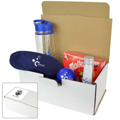 Promotional Wellbeing Gift Sets with Bottle, Eye Mask, Chocolates, Stress Ball & Colouring Set