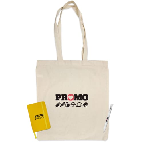 Custom Printed Event Bag Bundles with a Tote Bag, Yellow Notebook and Antibacterial Pen with A Logo