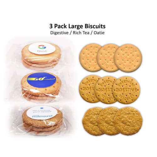 Branded Large Biscuits in a clear wrapper with three biscuit options from Total Merchandise