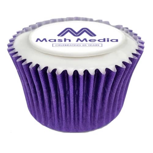 UK Express Logo Printed Cupcakes with Purple Cupcake Cases Branded with a Logo by Total Merchandise