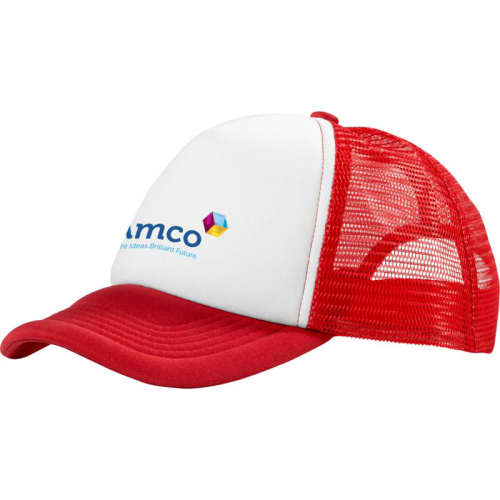 Custom printed Trucker Cap in red & white available from Total Merchandise