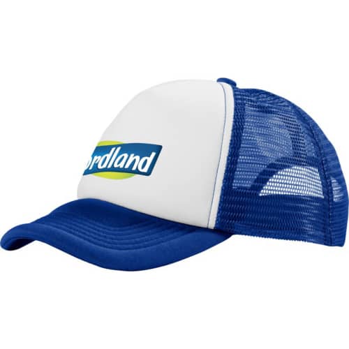 Promotional branded Trucker Cap in royal blue & white available from Total Merchandise