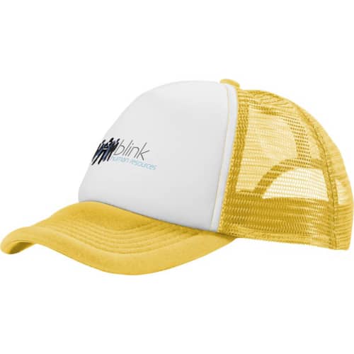 Logo printed Trucker Cap in yellow & white available from Total Merchandise