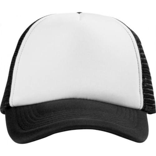 Front view of our promotional personalised Trucker Cap in black & white from Total Merchandise