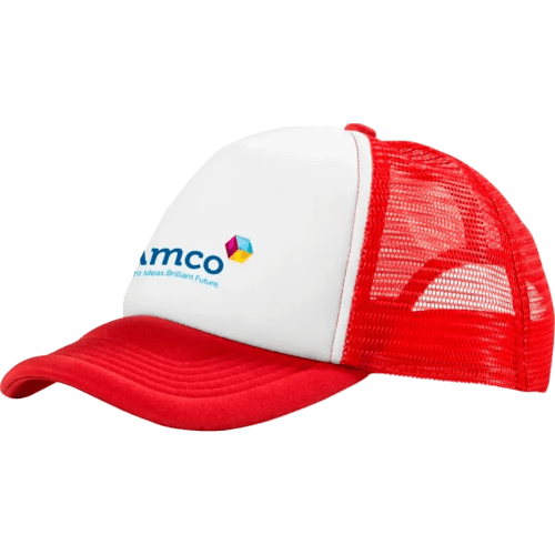 Custom printed Trucker Cap in red & white available from Total Merchandise