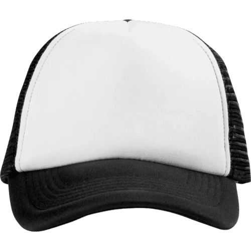 Front view of our promotional personalised Trucker Cap in black & white from Total Merchandise